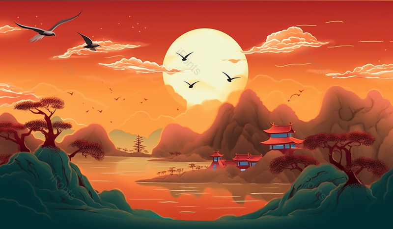 国潮山水湖泊河流秋季自然美景,插画/手绘图,插画/手绘图库,插画/手绘图下载,插画/手绘